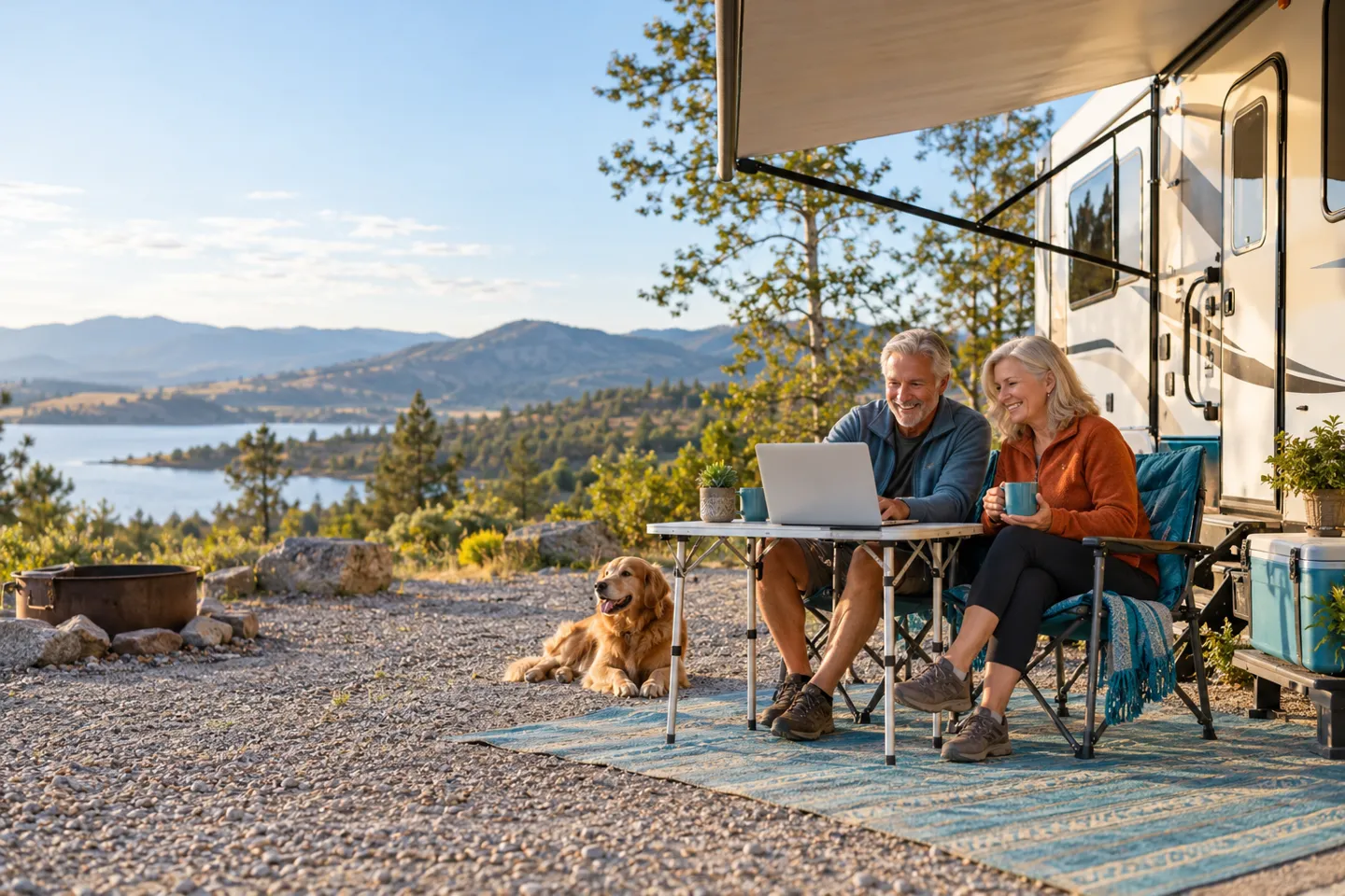 Couple using a laptop beside their parked RV