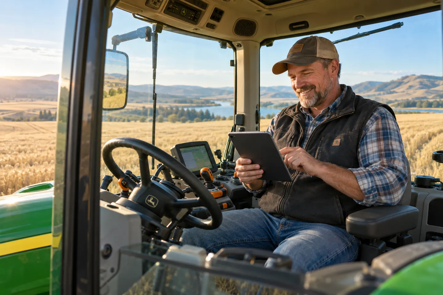 Rancher using a tablet inside an enclosed parked John Deere tractor cab