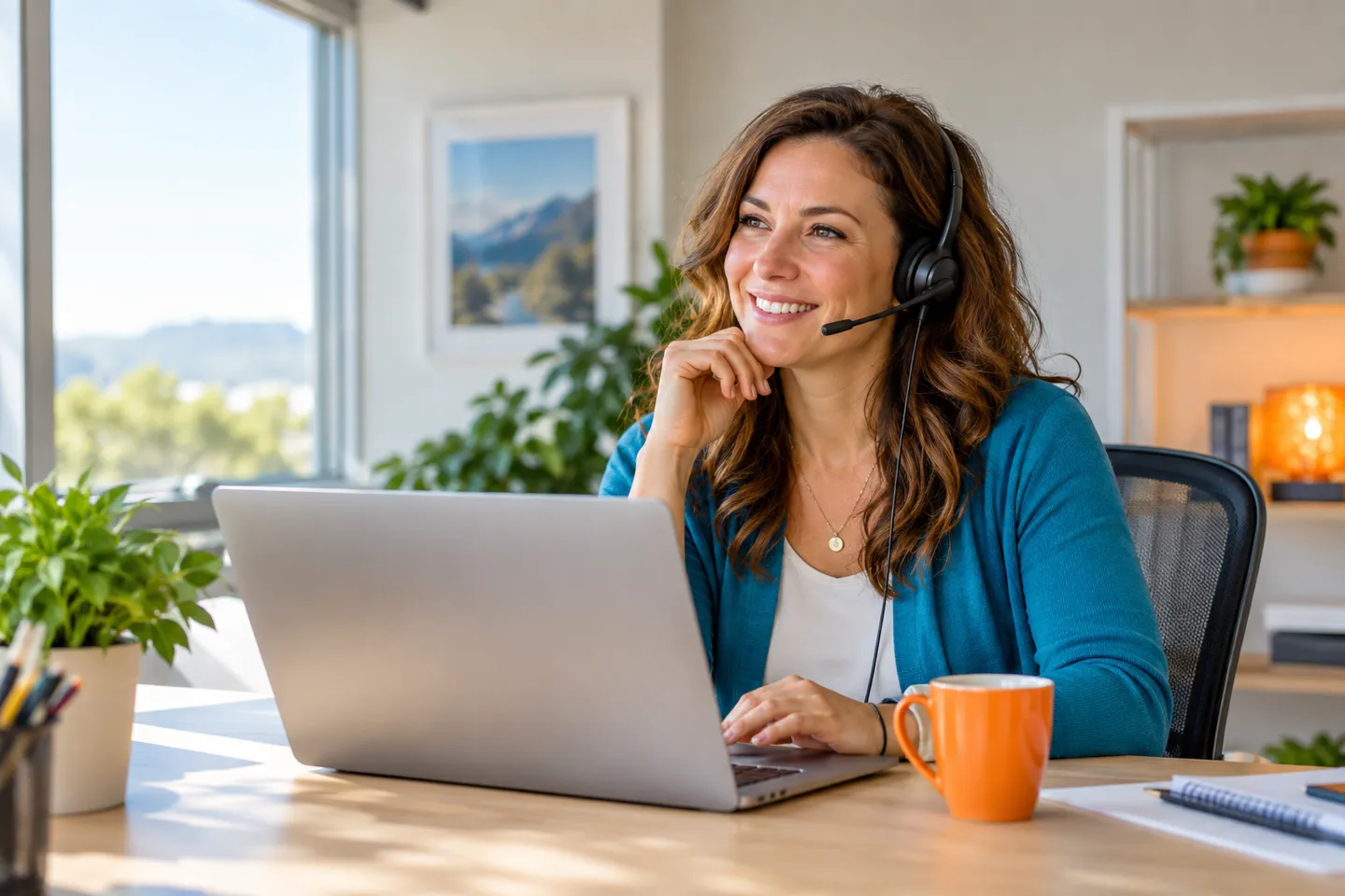 Friendly adviser wearing a headset at her desk