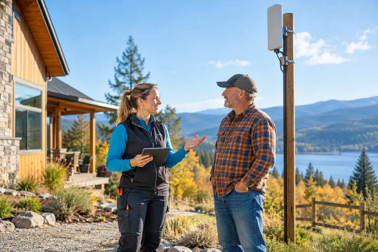 Installer discussing an outdoor antenna with a homeowner