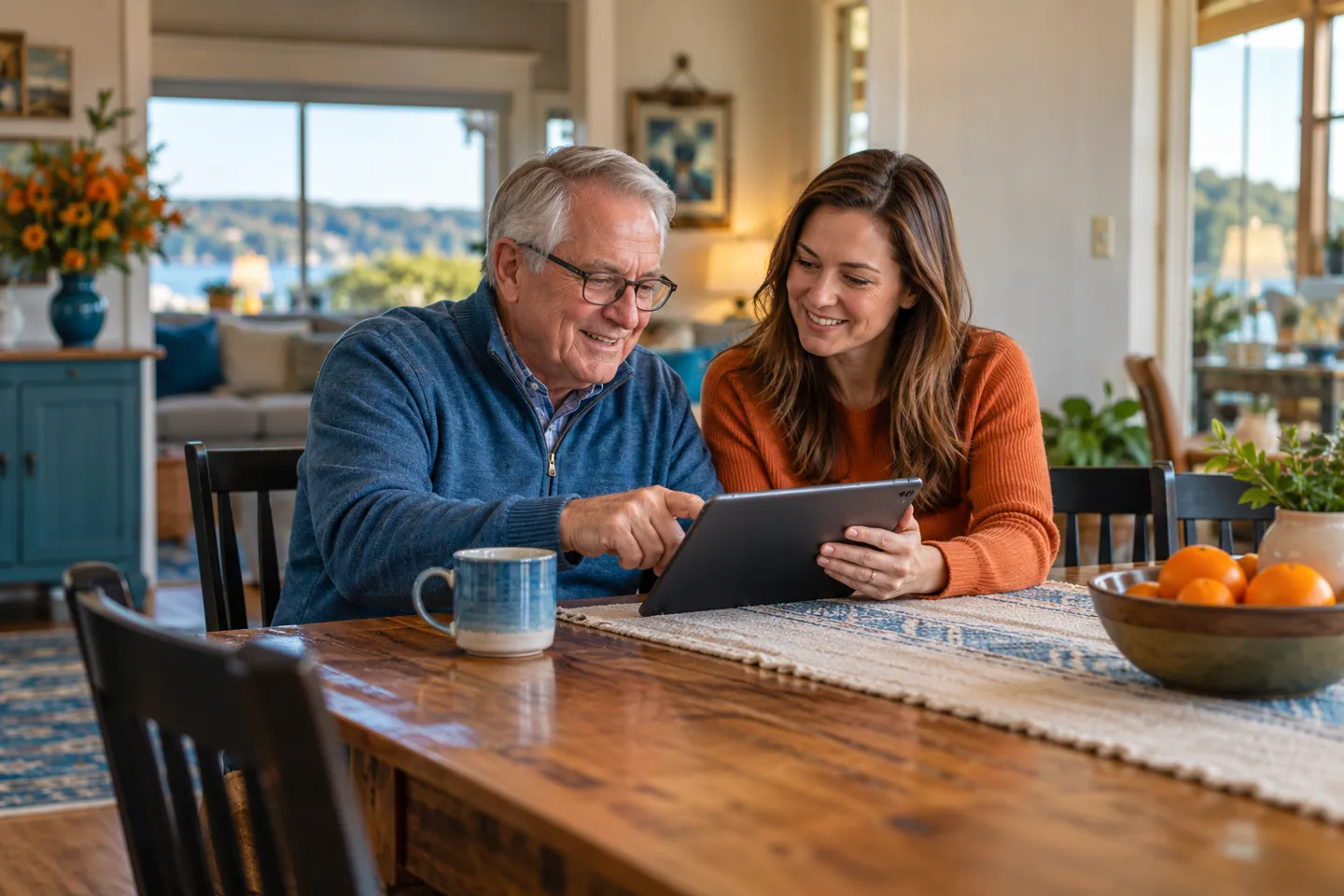 Father and daughter comparing plans on a tablet