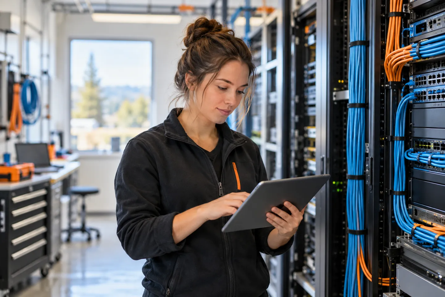Networking services technician reviewing equipment beside network racks
