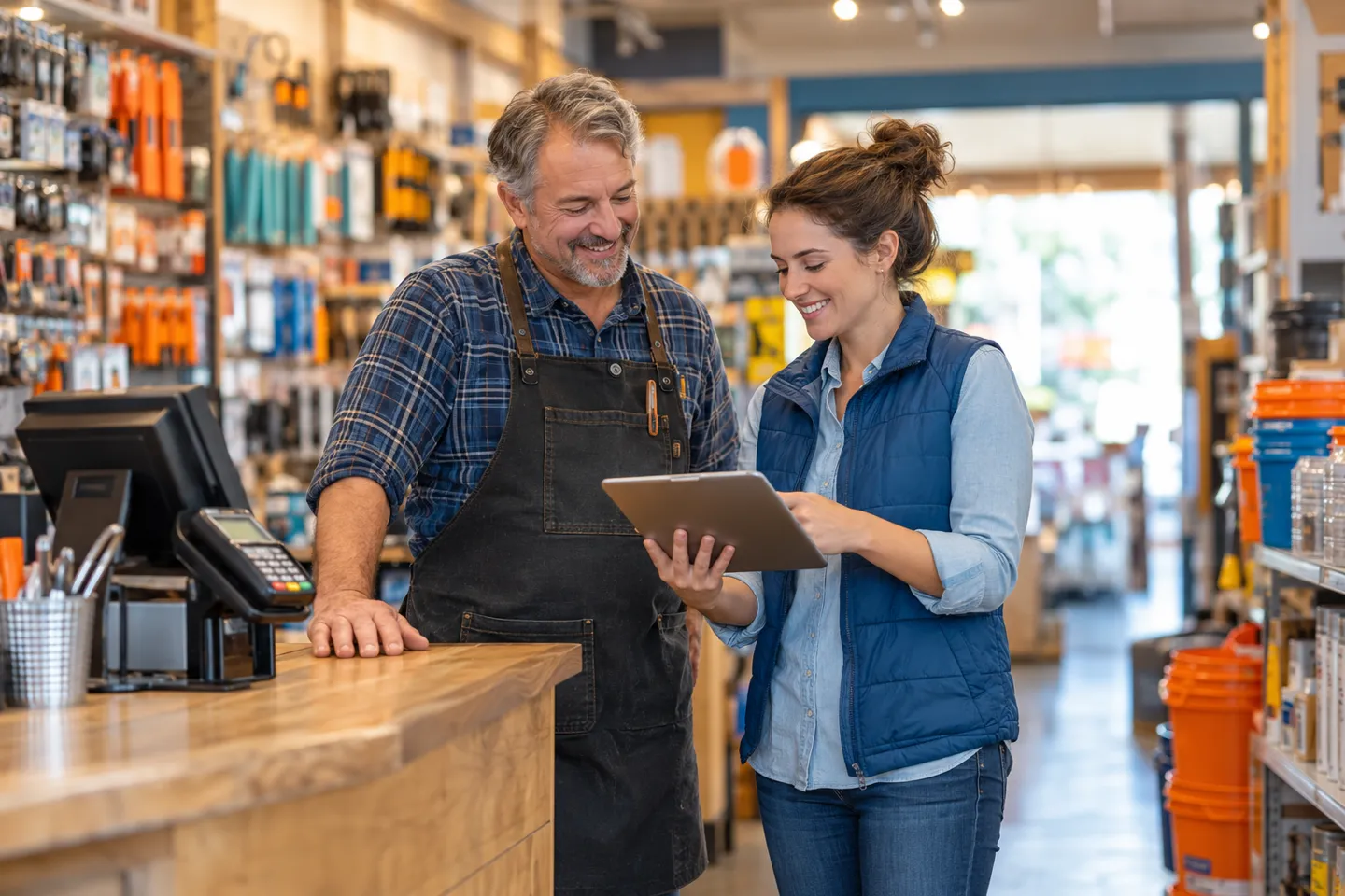 Hardware shop owner checking business systems with a colleague
