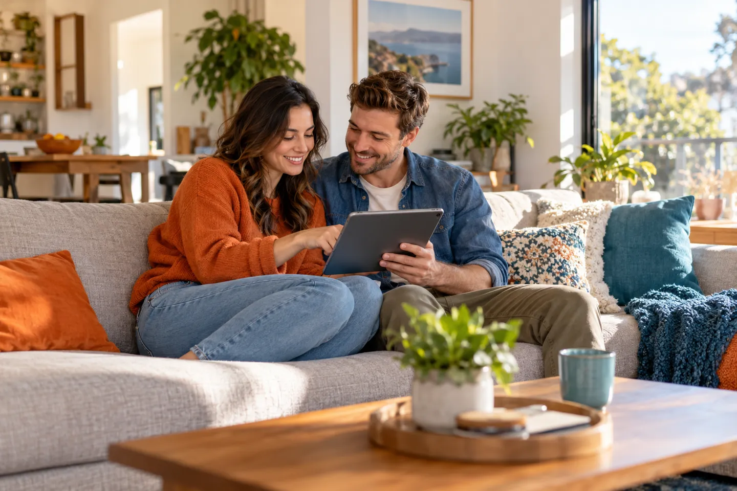 Couple comparing internet options on a tablet