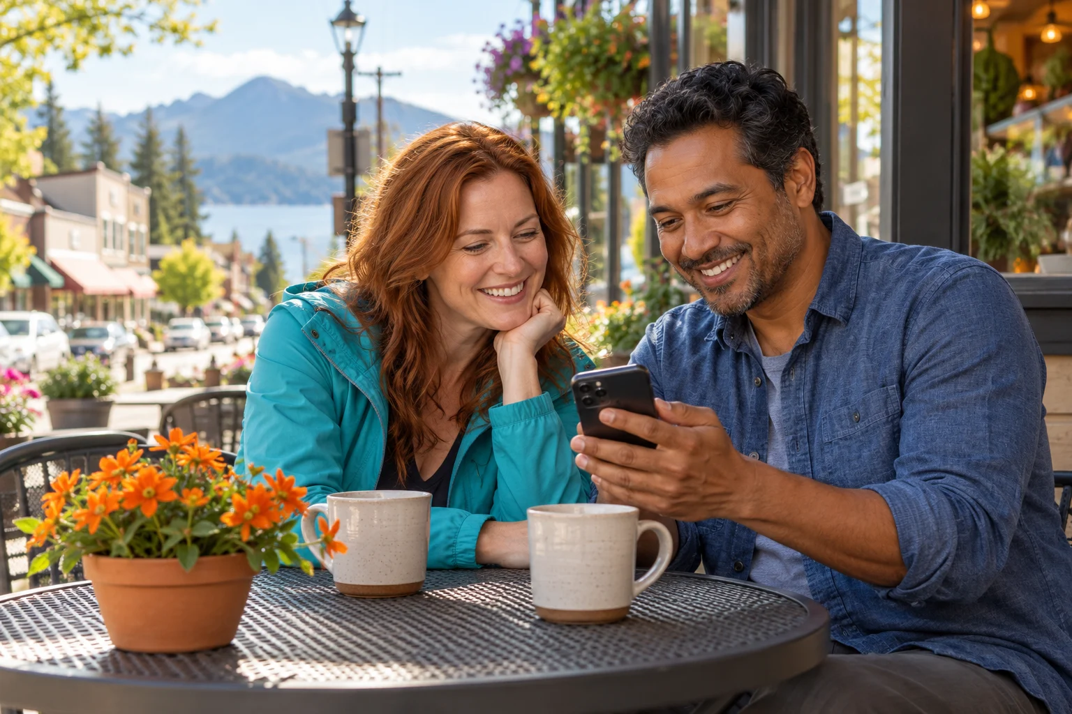 Two friends smiling while sharing a smartphone at an outdoor cafe