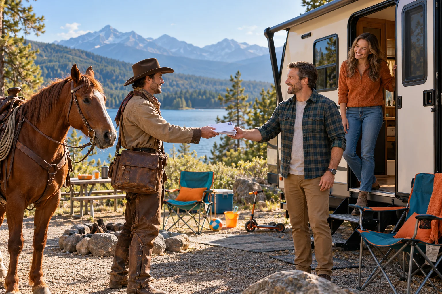 A smiling couple receives mail from a Pony Express rider beside their RV at a mountain lake campsite.