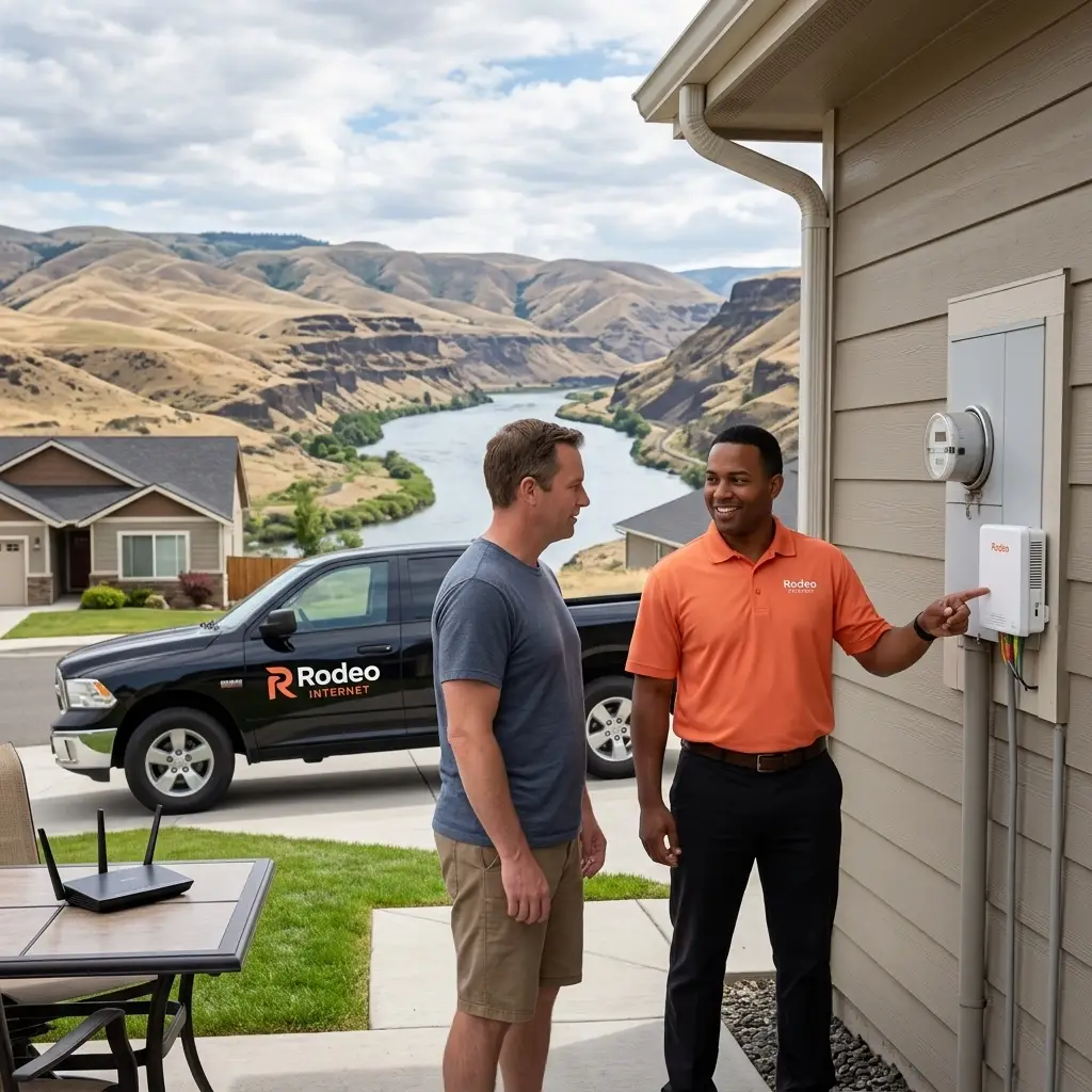 Rodeo Technician explaining to home owner about fiber internet